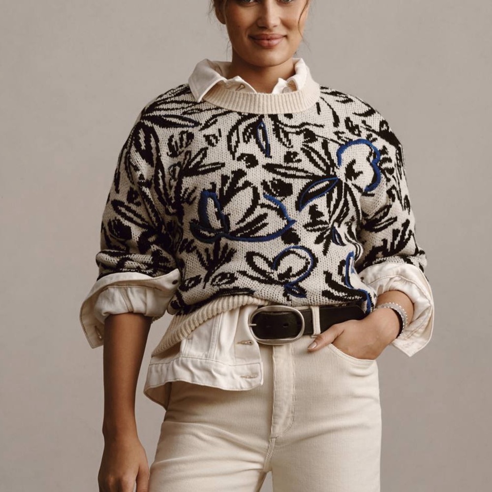 Anthropologie floral pop embroidered crew neck sweater